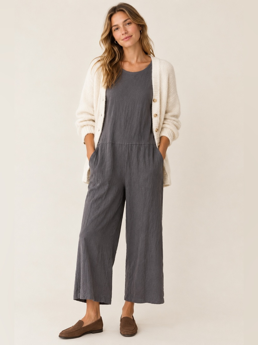 Eileen Fisher M Wide Leg Relaxed Fit Flowy Stretchy Jumpsuit Eco Neutral Casual